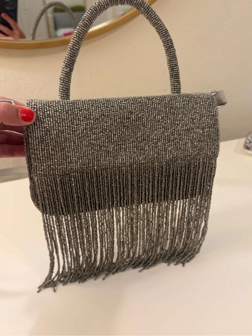 Anthropologie Silver Beaded Fringe Top-Handle Crossbody